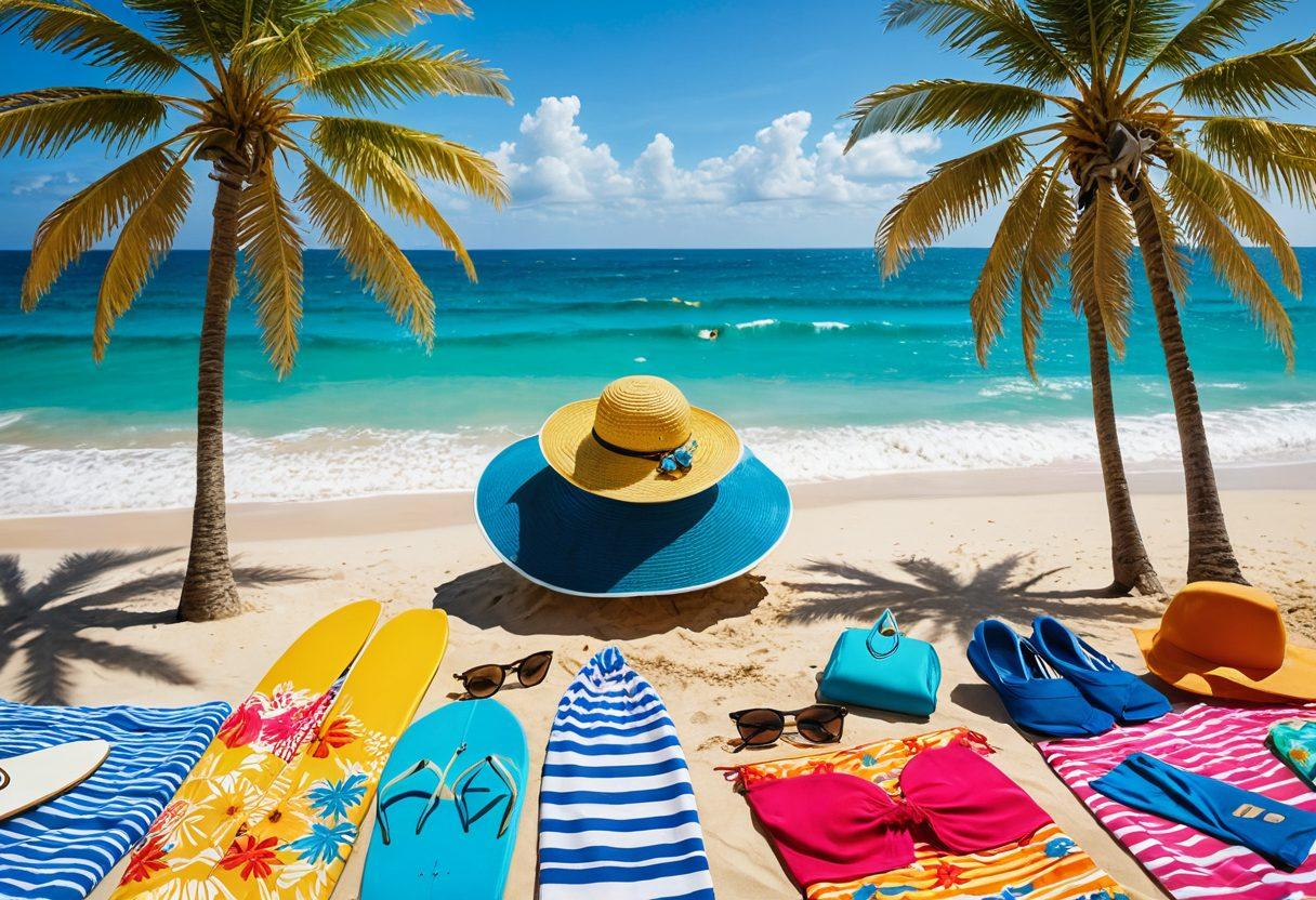 A vibrant beach scene featuring colorful beachwear essentials like stylish swimsuits, sun hats, sunglasses, and beach bags. Include beach towels spread out on soft sand, a surfboard leaning against a palm tree, and playful waves in the background. Add people enjoying the sun, creating a lively and adventurous atmosphere. Capture the essence of summer and relaxation. bright colors. beachside setting. super-realistic.