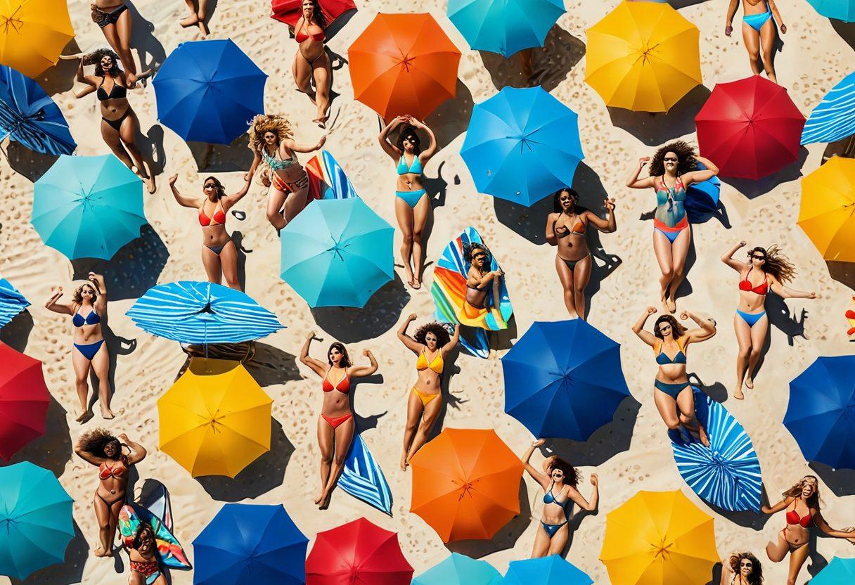 A sunny beach scene showcasing diverse individuals of all body types enjoying the water in trendy swimwear styles. Include colorful beach umbrellas, surfboards, and beach towels in the background. Capture joyful expressions and dynamic poses, with soft waves lapping at their feet. The sky should be bright blue, enhancing the vibrant summer vibe. super-realistic. vibrant colors. 3D.